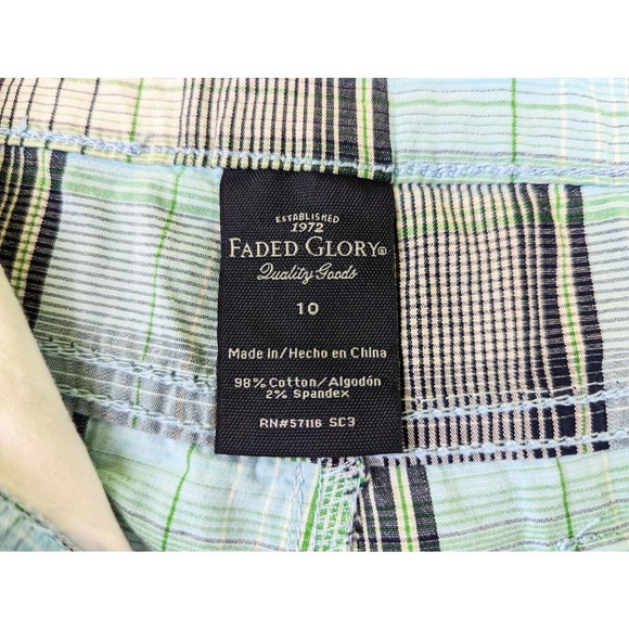 FADED GLORY Women 10 Blue Green Plaid Mid Rise Stretch Chino Shorts Flap Pockets - Picture 4 of 9
